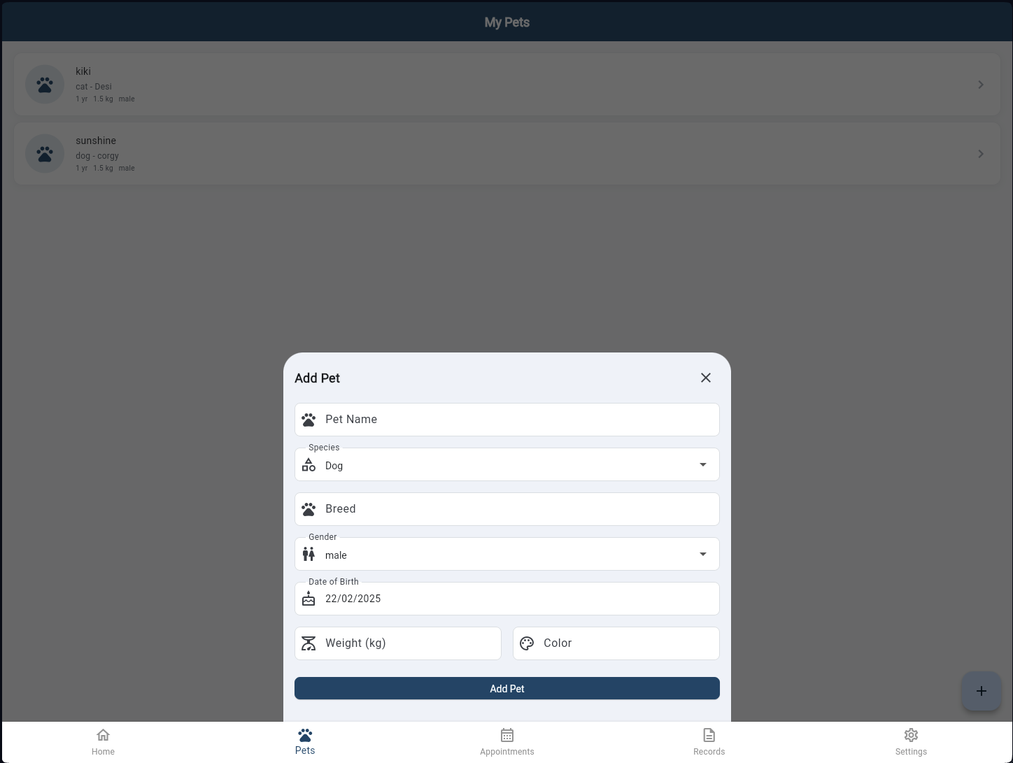 Add Pet form — name, species, breed, gender, DOB, weight