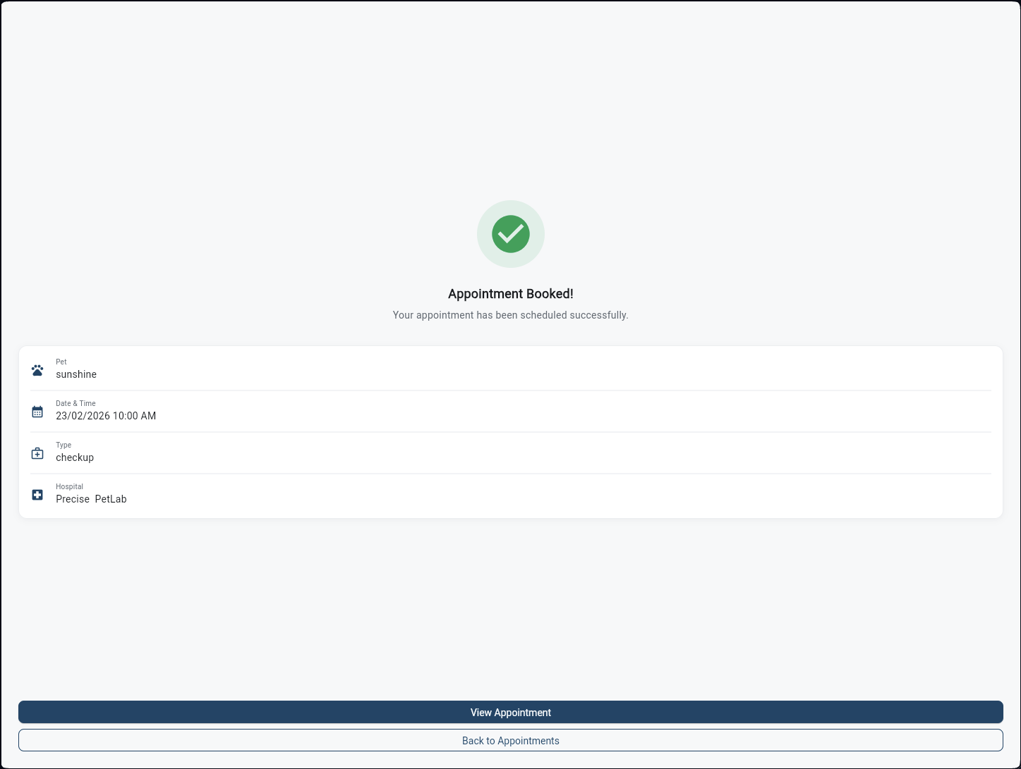 Appointment Booked confirmation screen with summary details