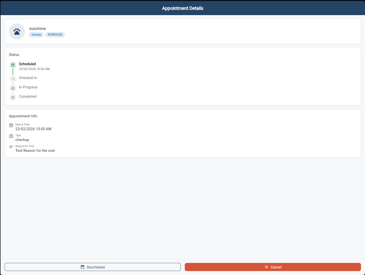 Appointment Details with live status timeline and reschedule/cancel actions