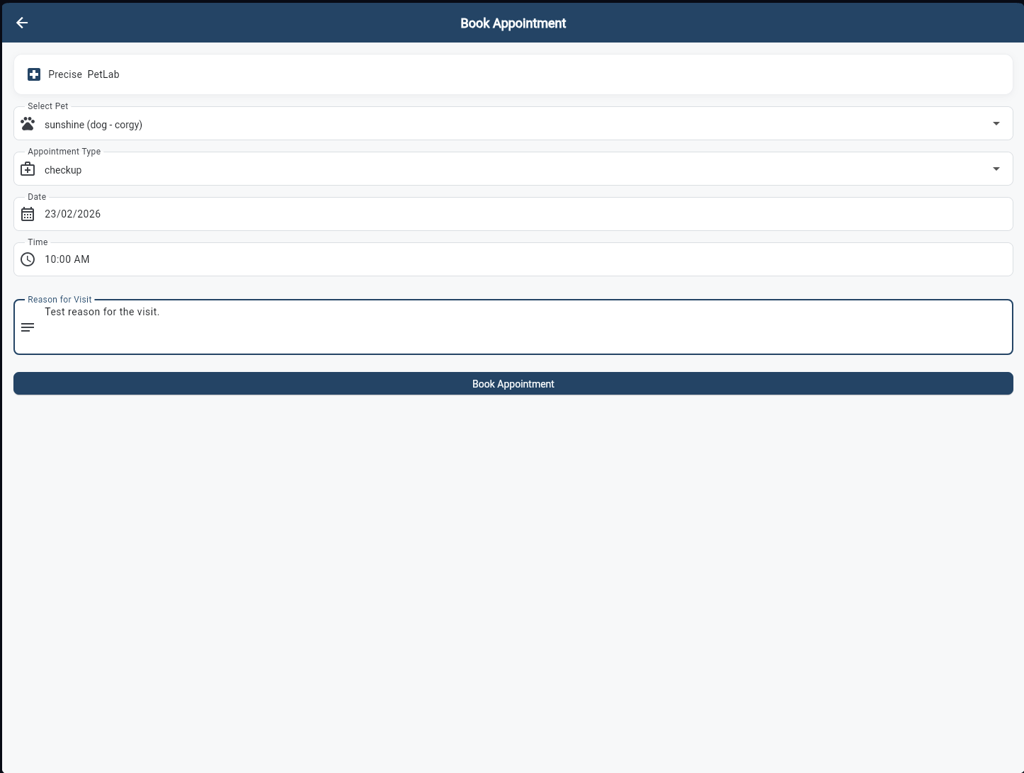 Book Appointment form with pet selector, type, date, time, and reason