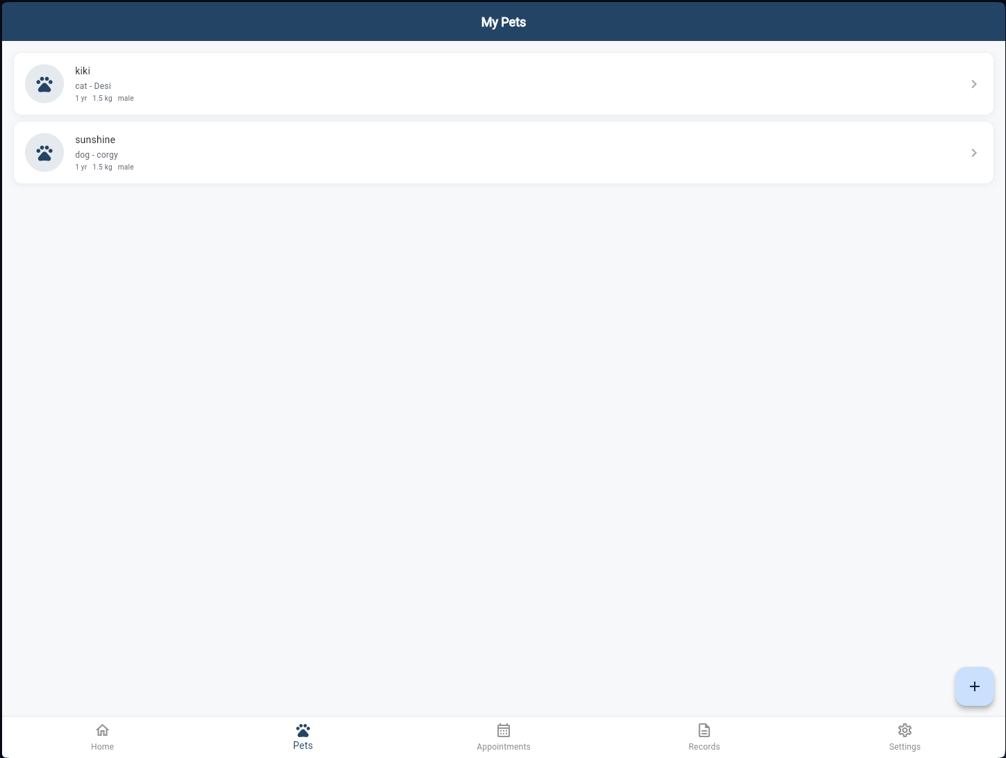 My Pets list showing kiki (cat) and sunshine (dog) with details