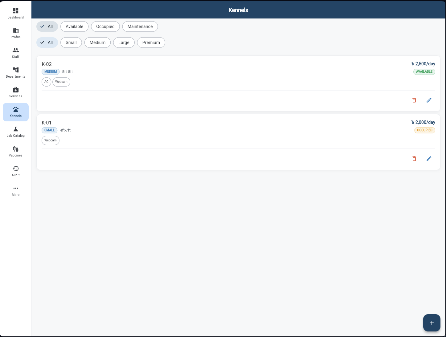 Kennels screen with status and size filter chips, K-02 MEDIUM AVAILABLE at ৳2,500/day and K-01 SMALL OCCUPIED at ৳2,000/day