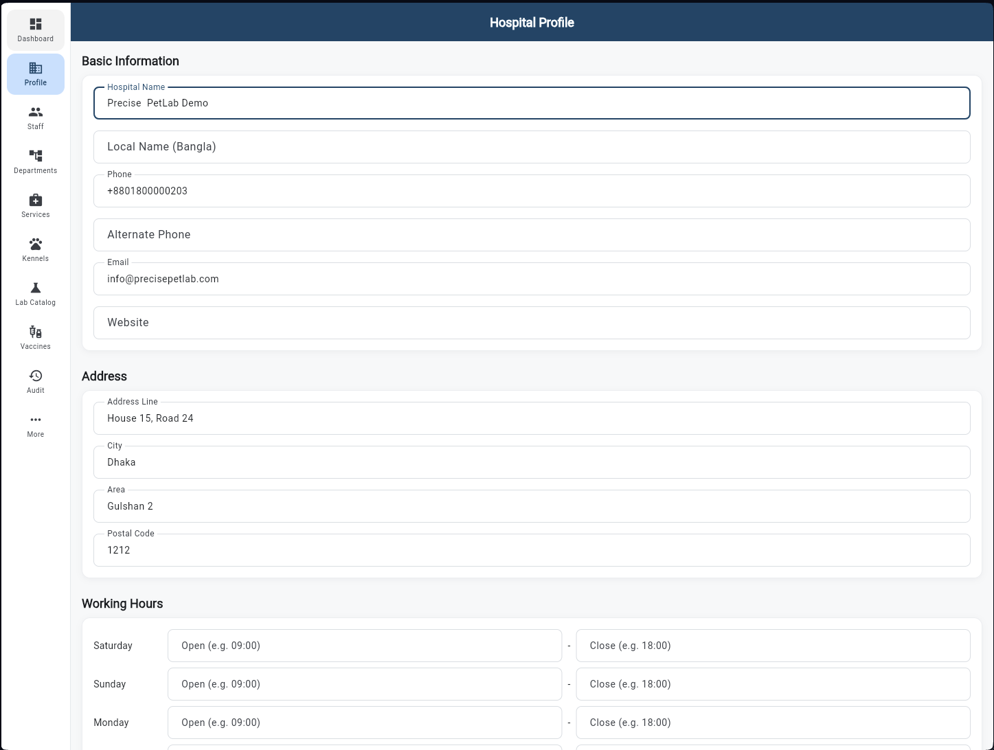 Hospital Profile screen with Basic Information, Address (Gulshan 2, Dhaka), and Working Hours per day
