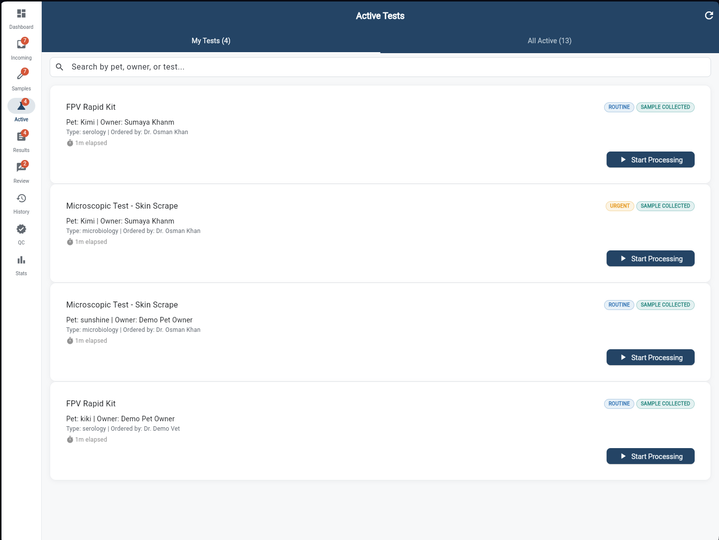 Active Tests showing My Tests and All Active tabs with Start Processing buttons and URGENT badges