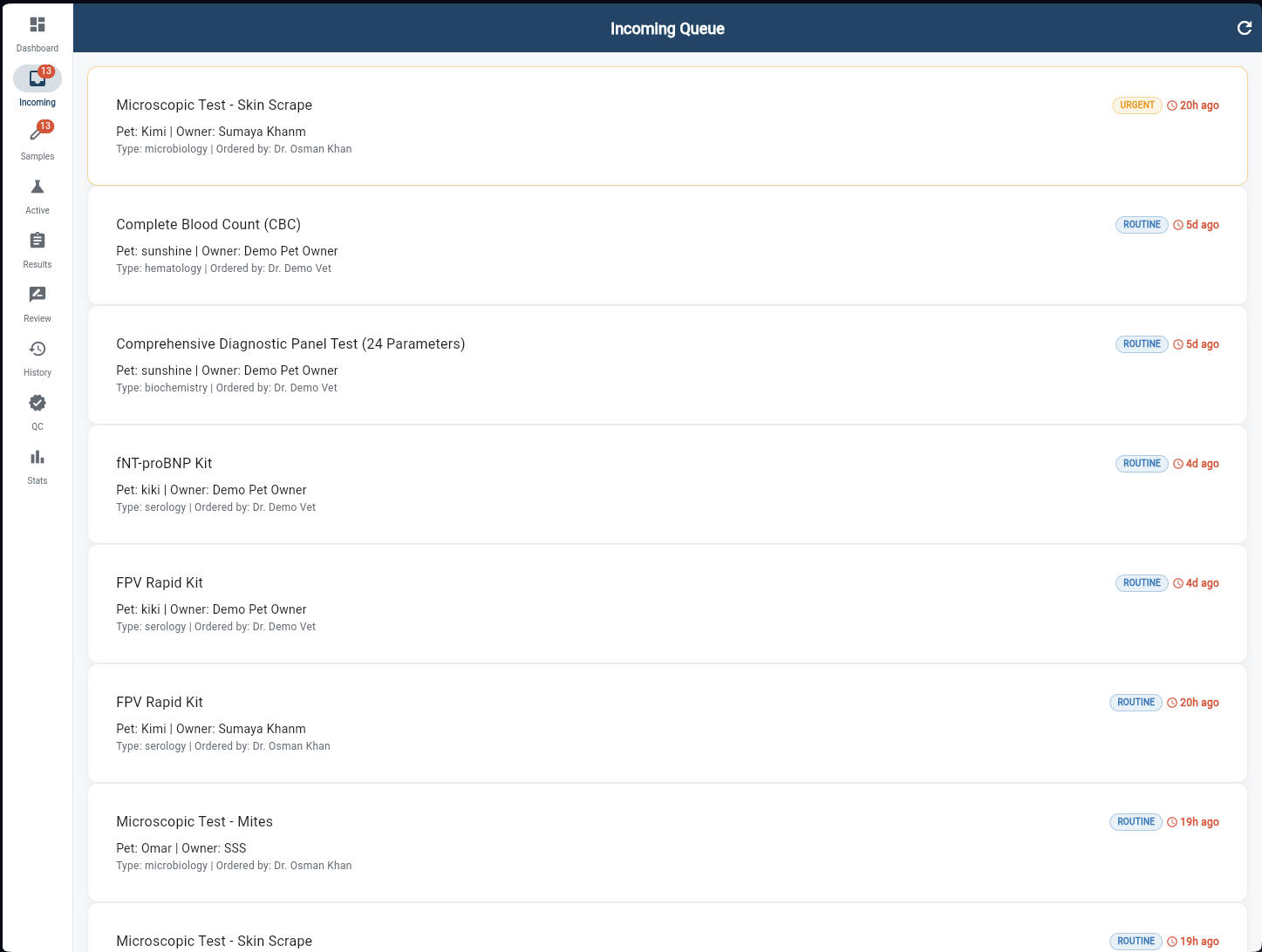 Incoming Queue with URGENT and ROUTINE priority badges, test names, patients, and ordering vets