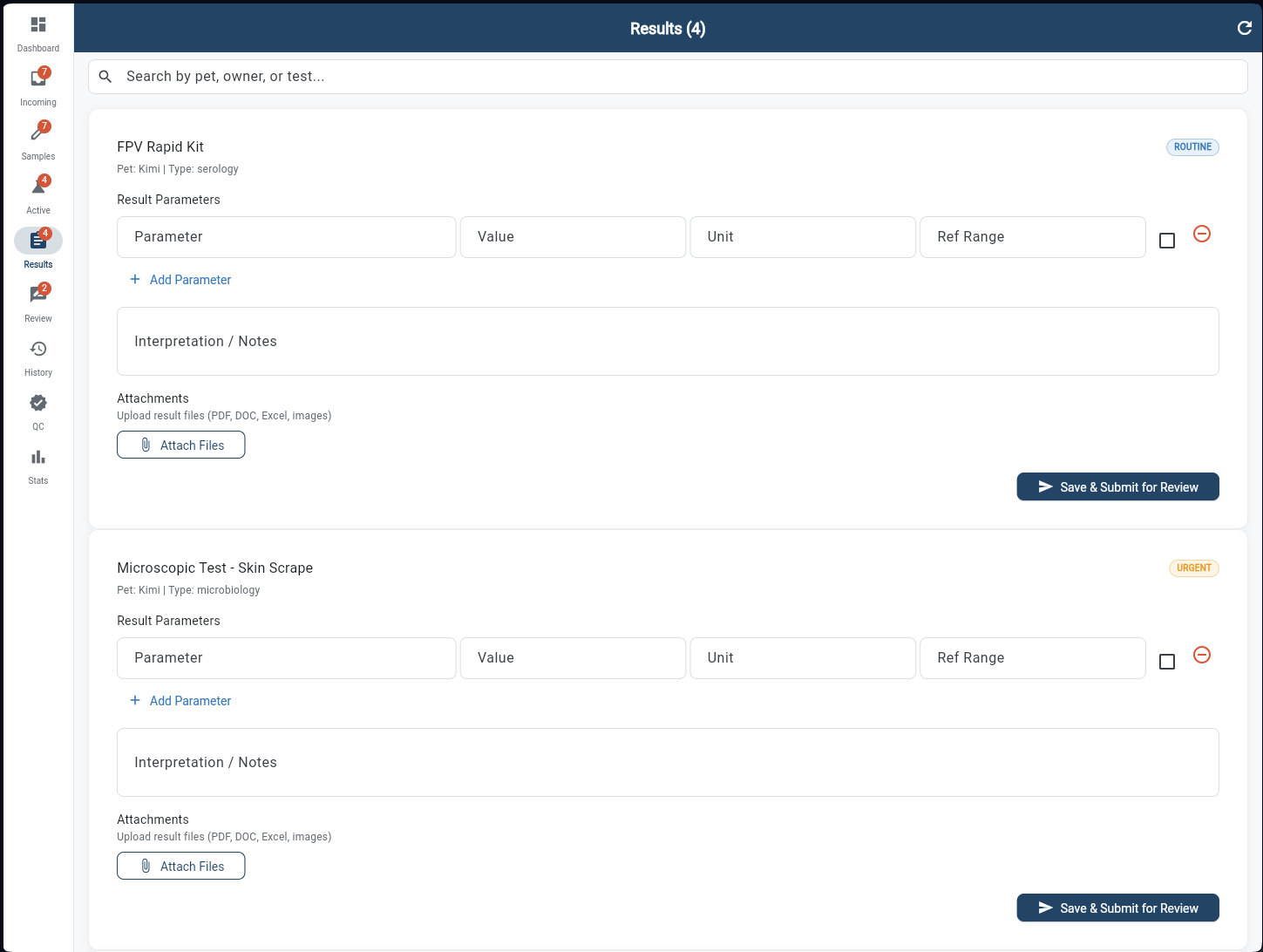 Result Entry form with Parameter, Value, Unit, Ref Range columns, interpretation notes, and Save & Submit button