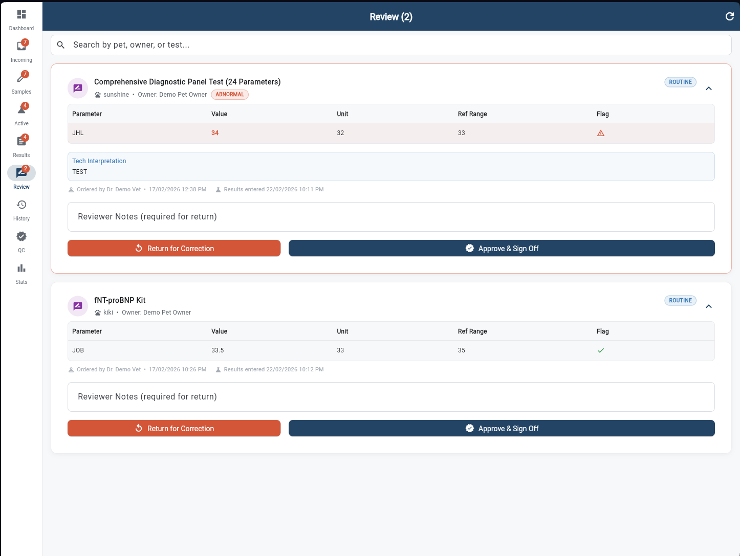 Review screen with expanded result parameters, ABNORMAL flag, and Approve & Sign Off / Return for Correction actions