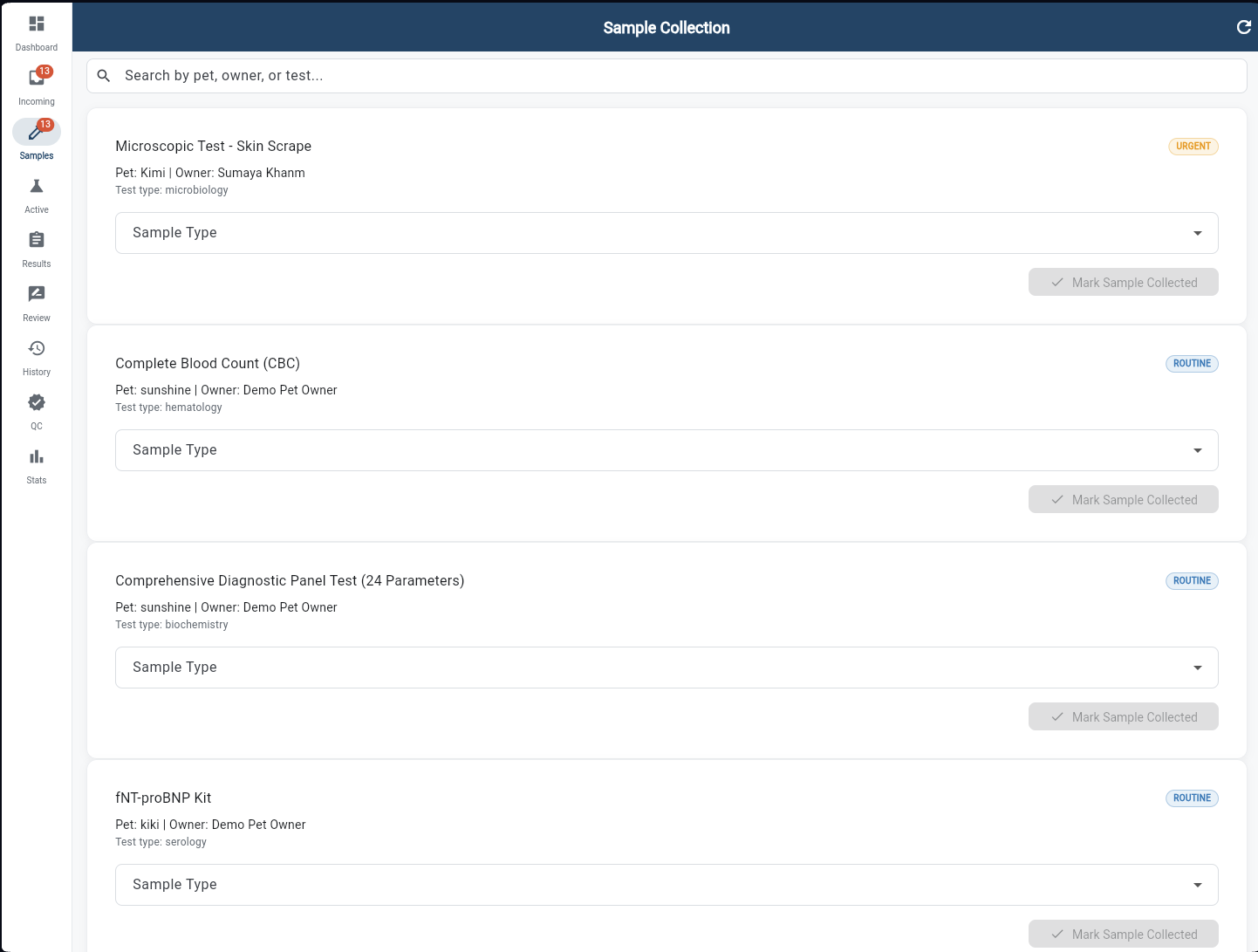 Sample Collection screen with test cards, Sample Type dropdown, and Mark Sample Collected button