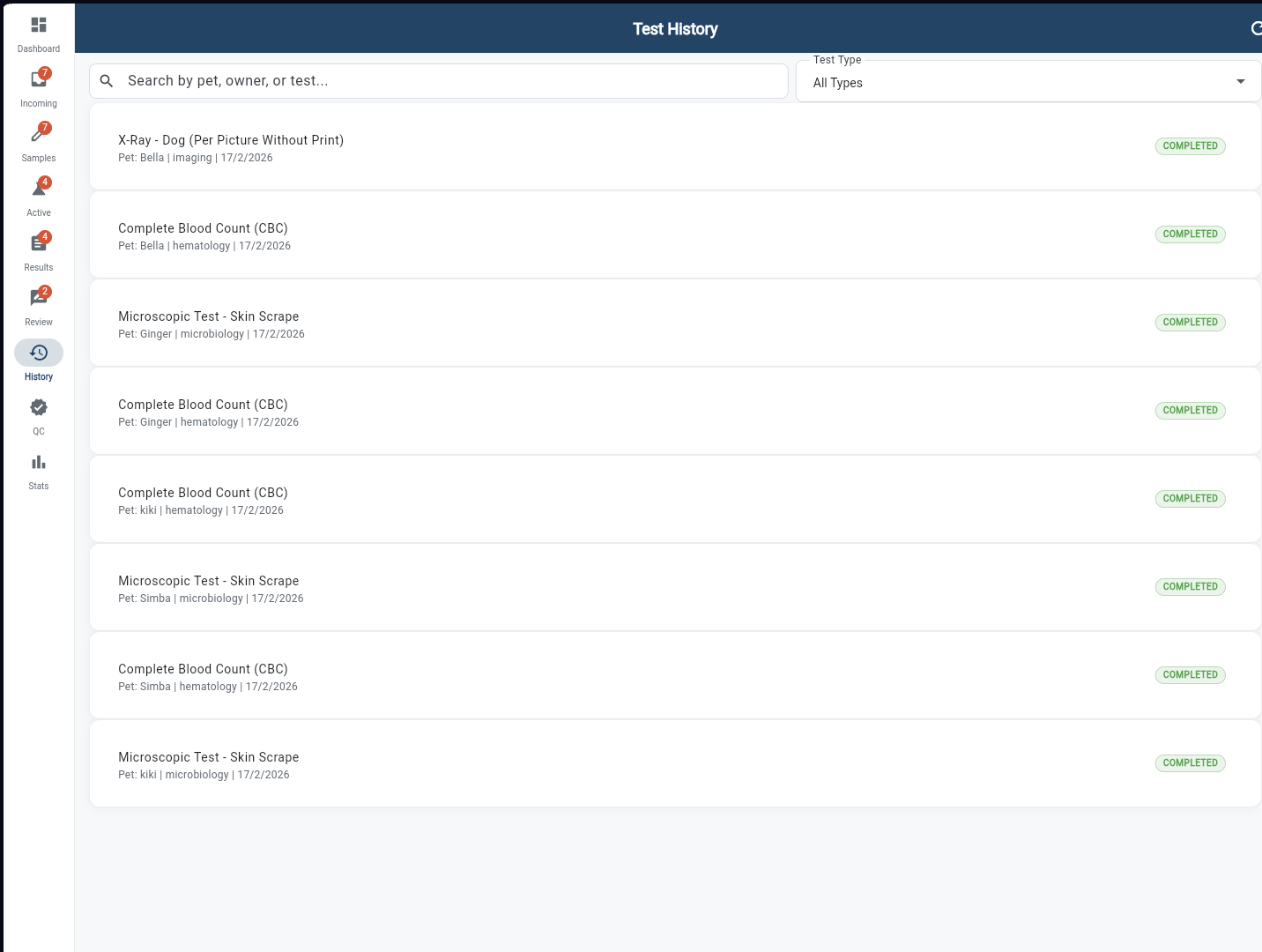 Test History list with completed tests filtered by type showing pet, category, date, and COMPLETED badge