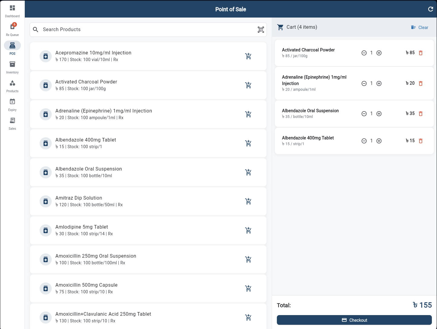 POS screen with product list on left, cart with 4 items on right, total ৳155 and Checkout button