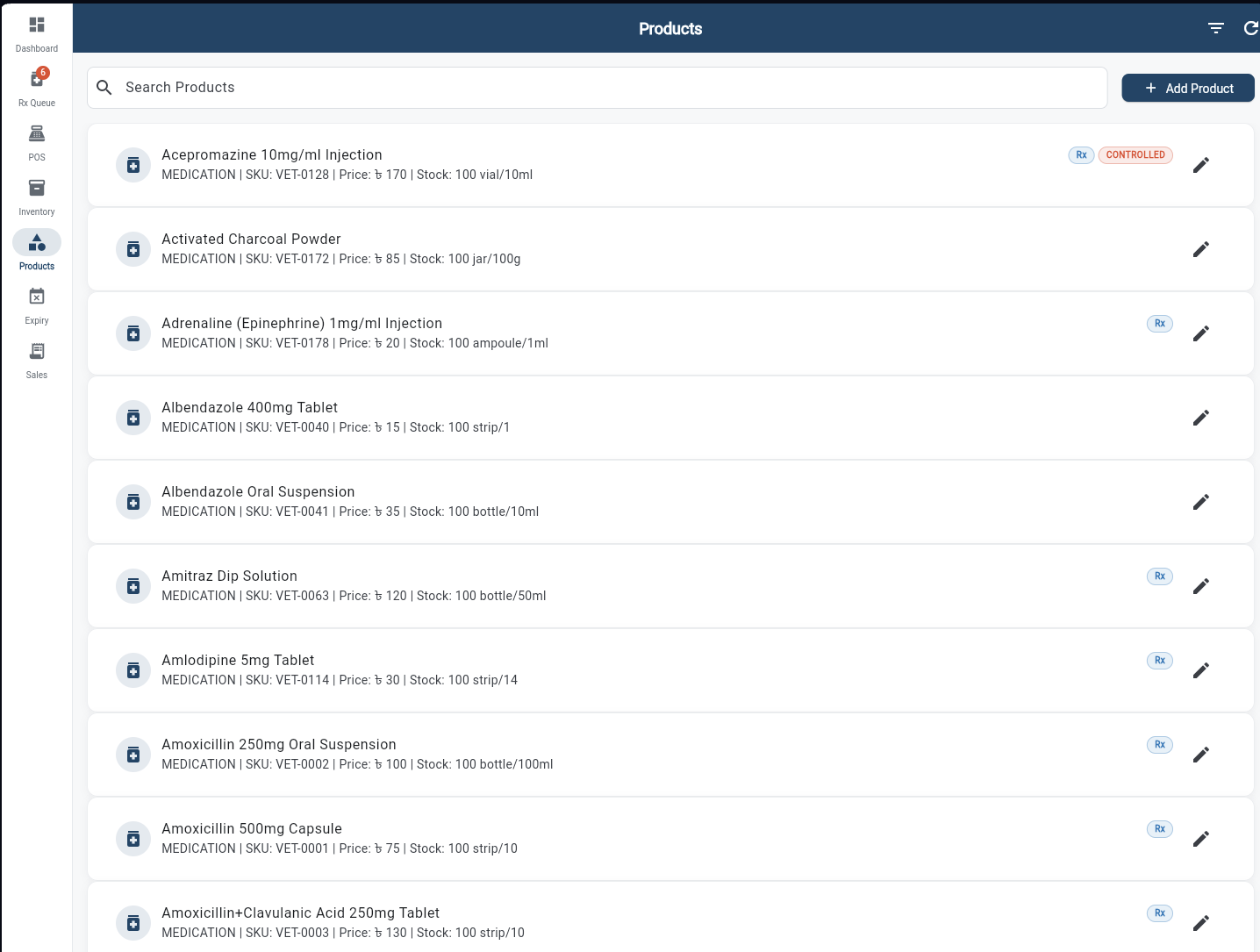 Product Catalog with SKU, price, stock, Rx and CONTROLLED badges, and edit actions