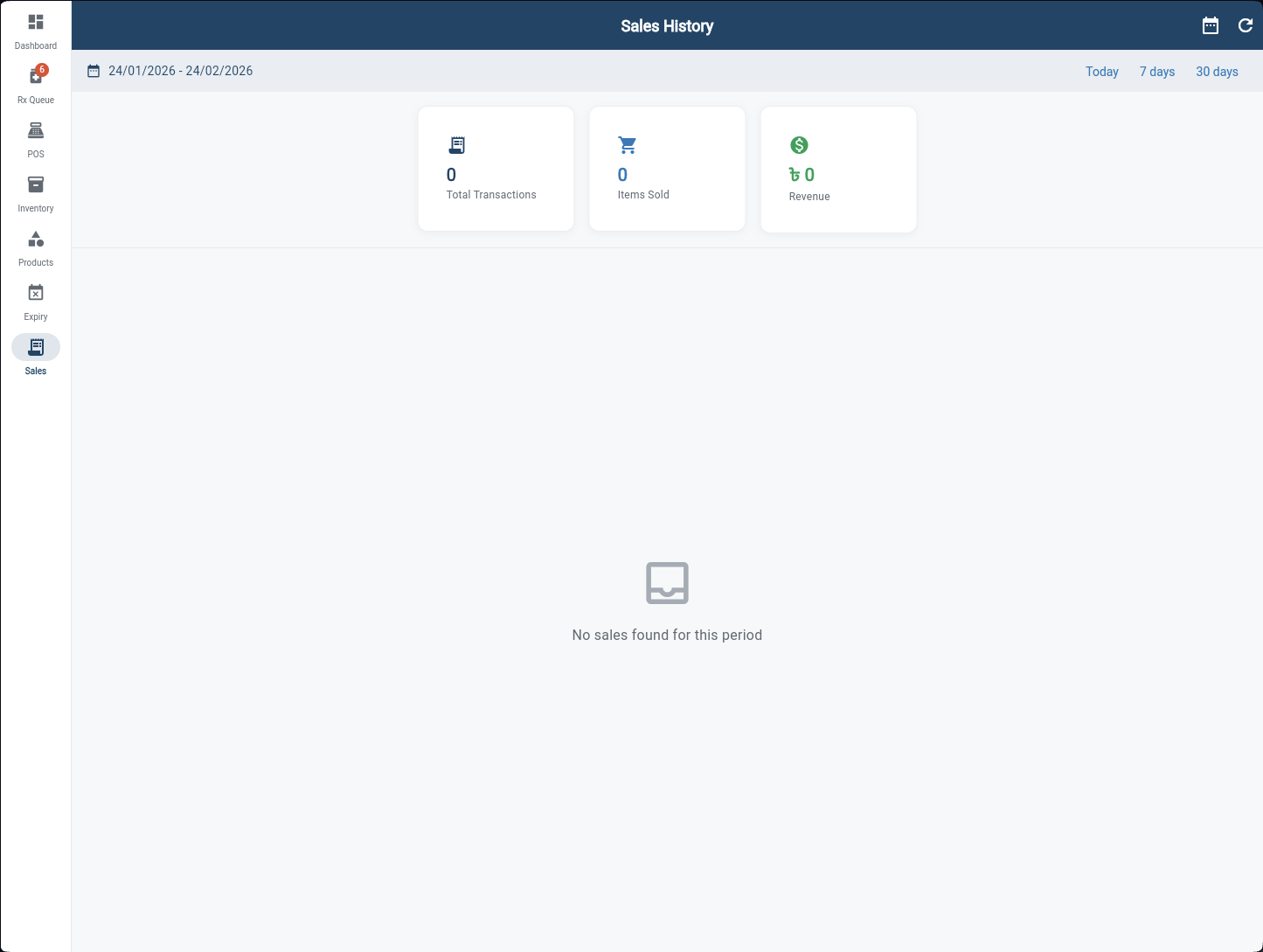 Sales History with date range picker, Total Transactions, Items Sold, and Revenue KPI cards