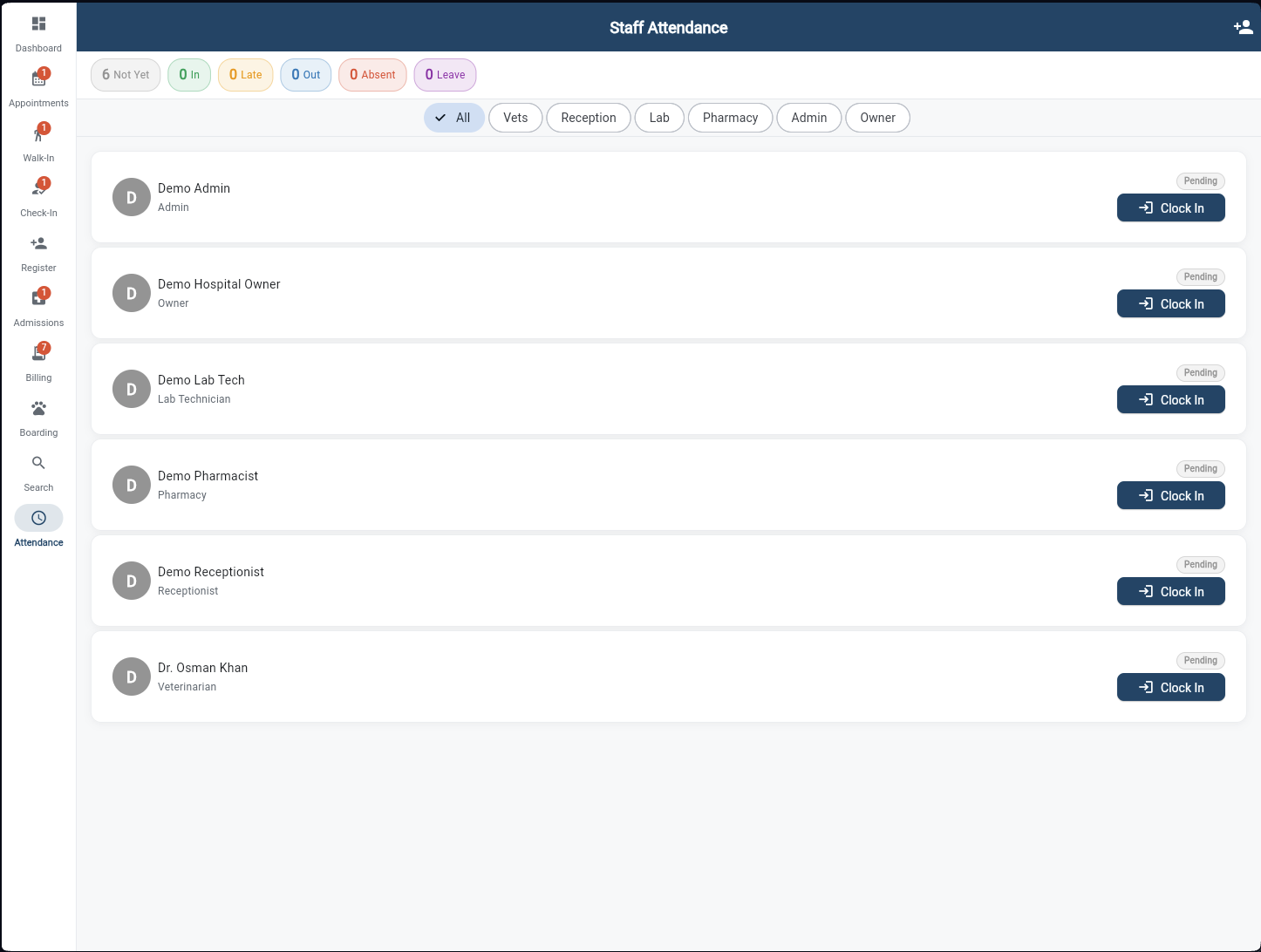 Staff Attendance screen with status summary chips and role filters