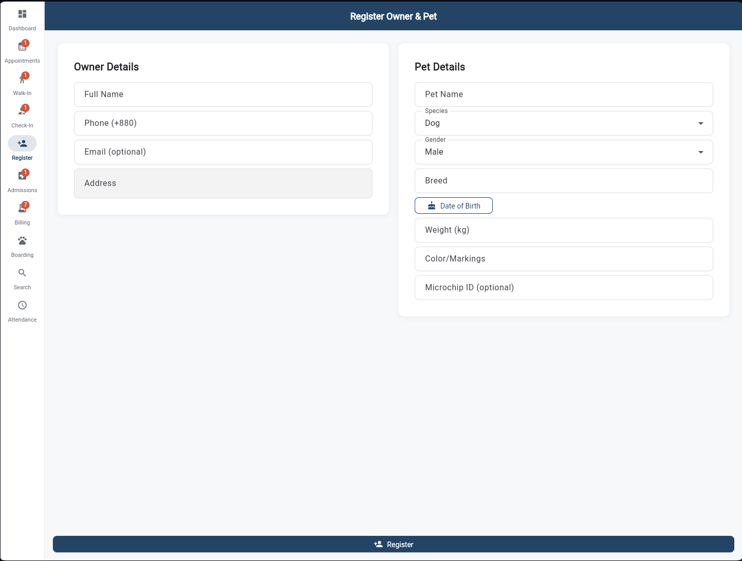 Register Owner & Pet form with owner details on left and pet details on right