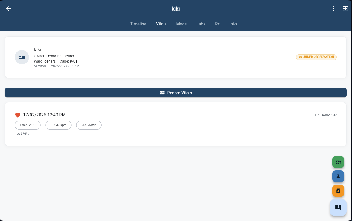 Vitals monitoring with temperature, HR, and RR over time