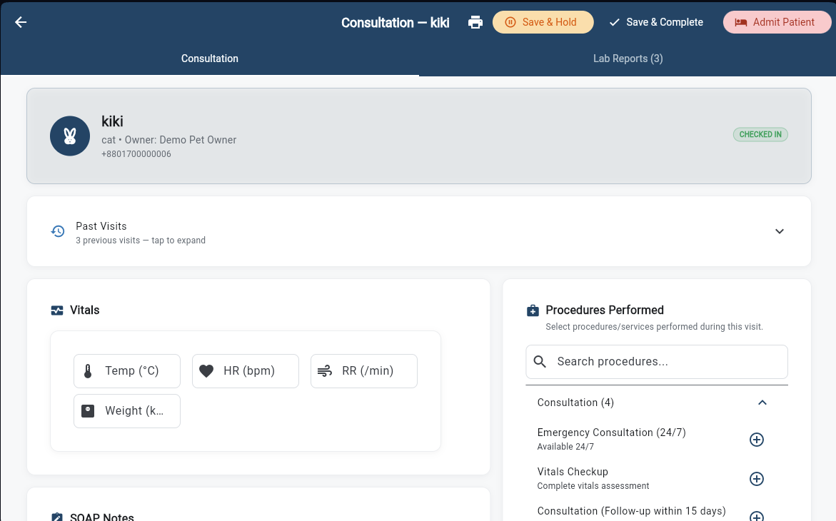 Consultation screen with vitals, procedures, and SOAP notes